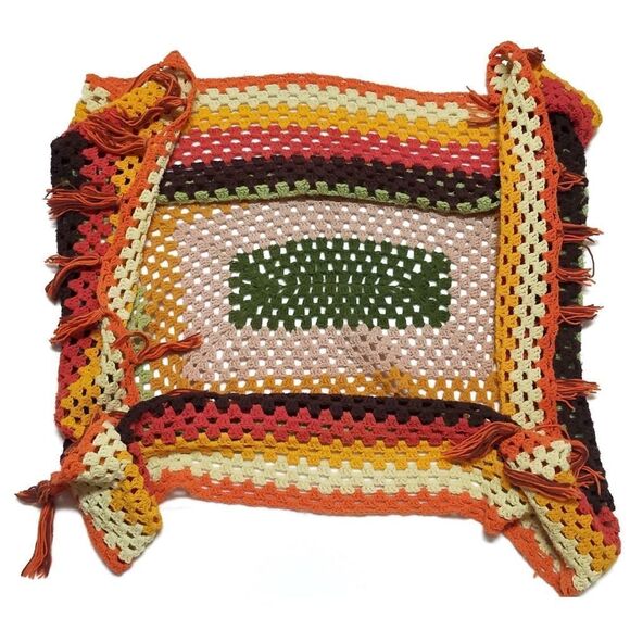 VINTAGE 1970s Handmade Crochet Fall Fringe Granny Square Afghan Throw Blanket - Picture 9 of 16